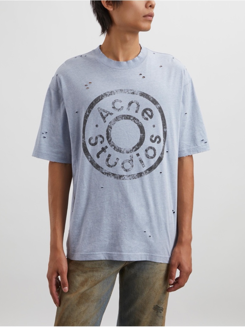Acne Studios Short-Sleeve Distressed Logo Tee in Light Blue